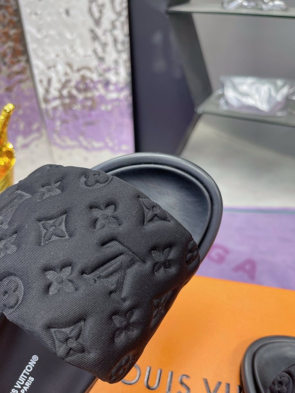 Louis Vuitton Black Monogram Padded Slide Sandals - Picture 4 of 8